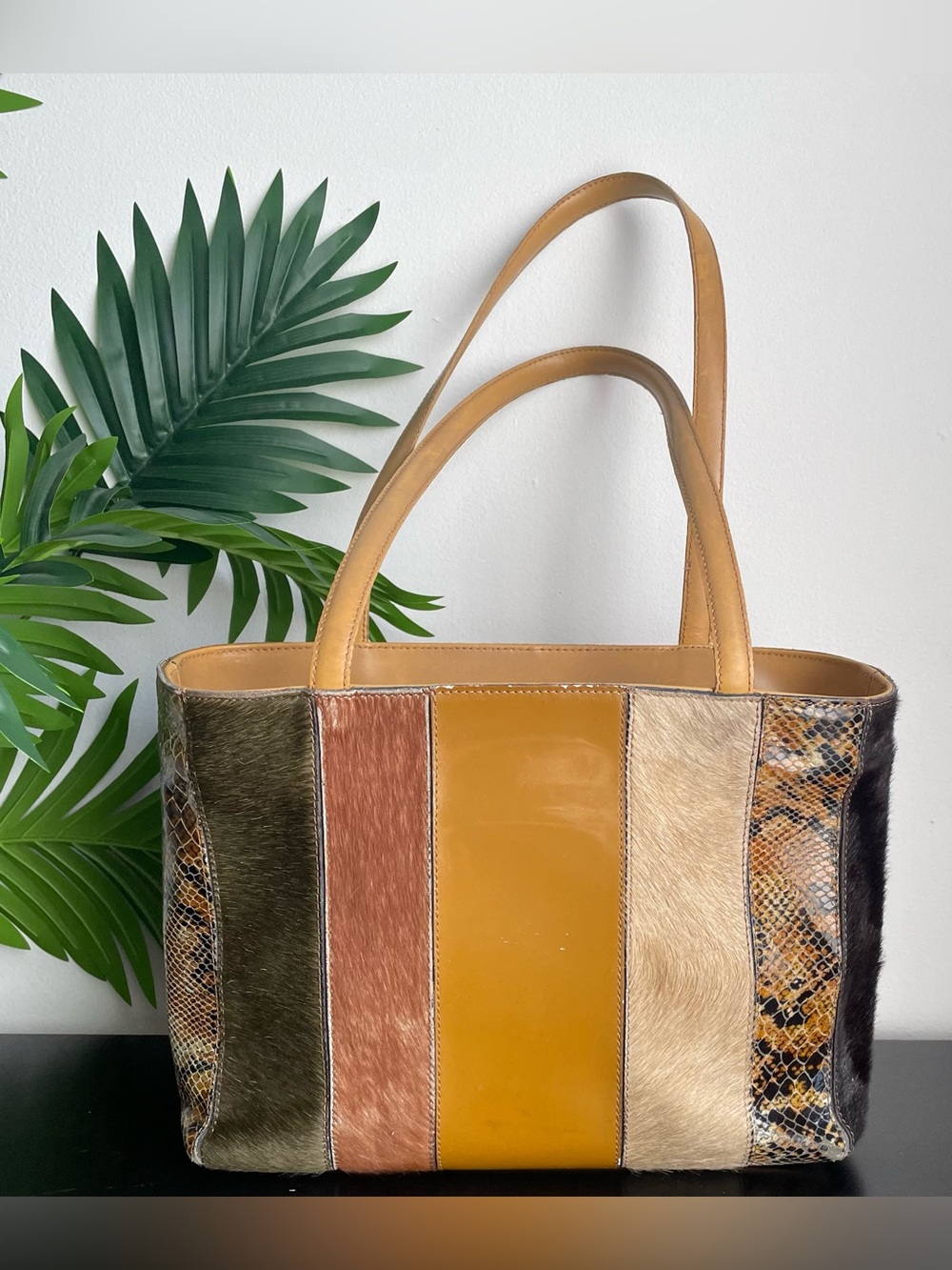 Multi-Panel Leather and Haircalf Tote in Mustard and Earth Tones